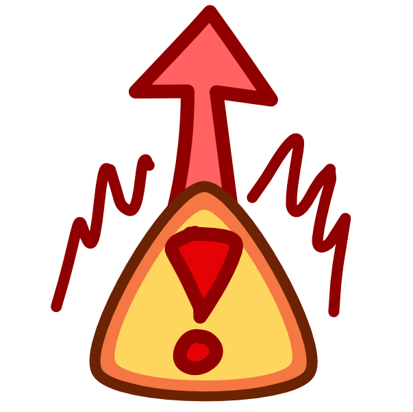 A yellow warning sign with emphasis lines above it has a red arrow pointing up from it. The image has dark line art